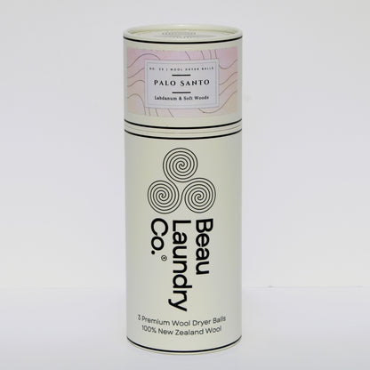Beau Laundry Co. palo santo scented wool dryer balls packaging on a white background